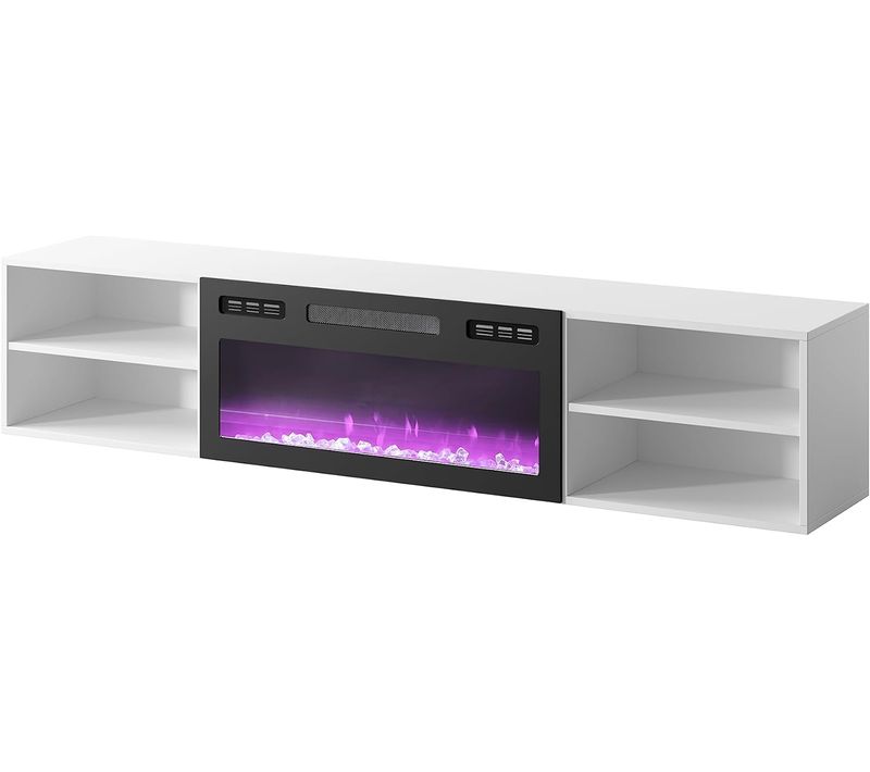 Meuble TV 180x39x33 Cm Blanc Mat Rolli Cheminée Intégrée Noir à Susprendre Ou Á Poser