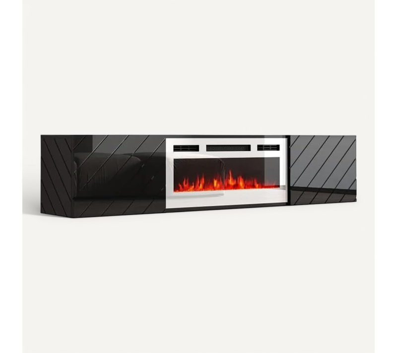 Meuble TV 183x38x35 Cm Noir Brillant/noir Mat Rota Avec Cheminée Intégrée Blanche Meuble Hi-fi Mural