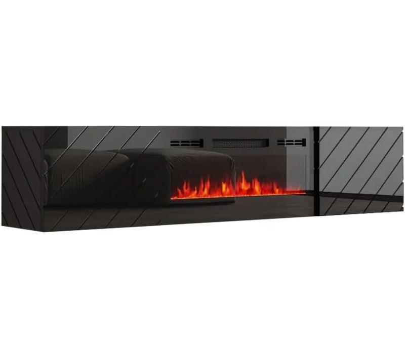 Meuble TV 183x38x35 Cm Noir Brillant/noir Mat Rota Avec Cheminée Intégrée Noire Meuble Hi-fi Mural