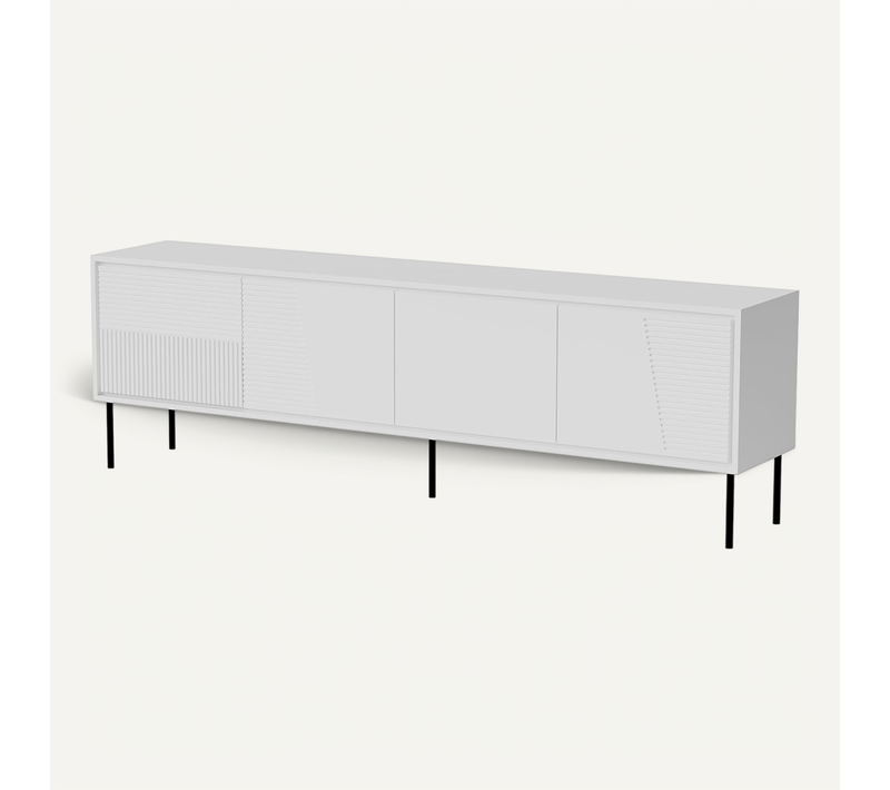 Meuble TV 200x38x62 Cm Blanc Mat Adana Meuble Hi-fi Luxueux Sur Pieds Noir Avec 4 Portes