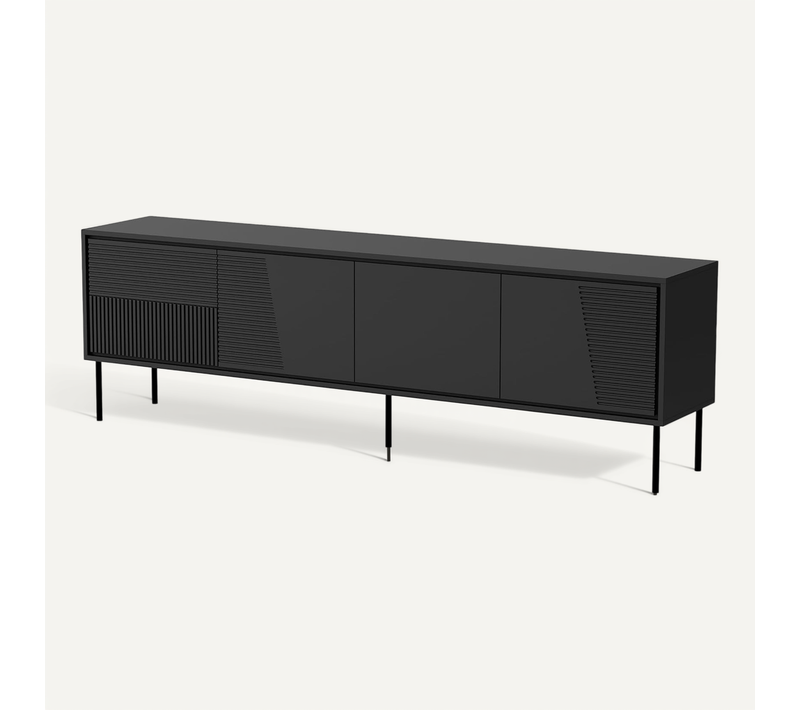 Meuble TV 200x38x62 Cm Noir Mat Adana Meuble Hi-fi Luxueux Sur Pieds Noir Avec 4 Portes