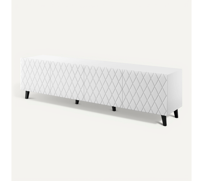 Meuble TV 200x52x42 Cm Blanc Mat Lola Meuble Hi-fi Luxueux Sur Pieds Noir Avec 4 Portes