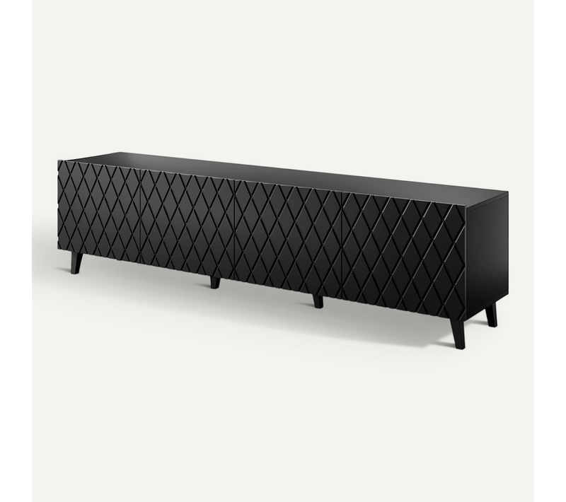 Meuble TV 200x52x42 Cm Noir Mat Lola Meuble Hi-fi Luxueux Sur Pieds Noir Avec 4 Portes
