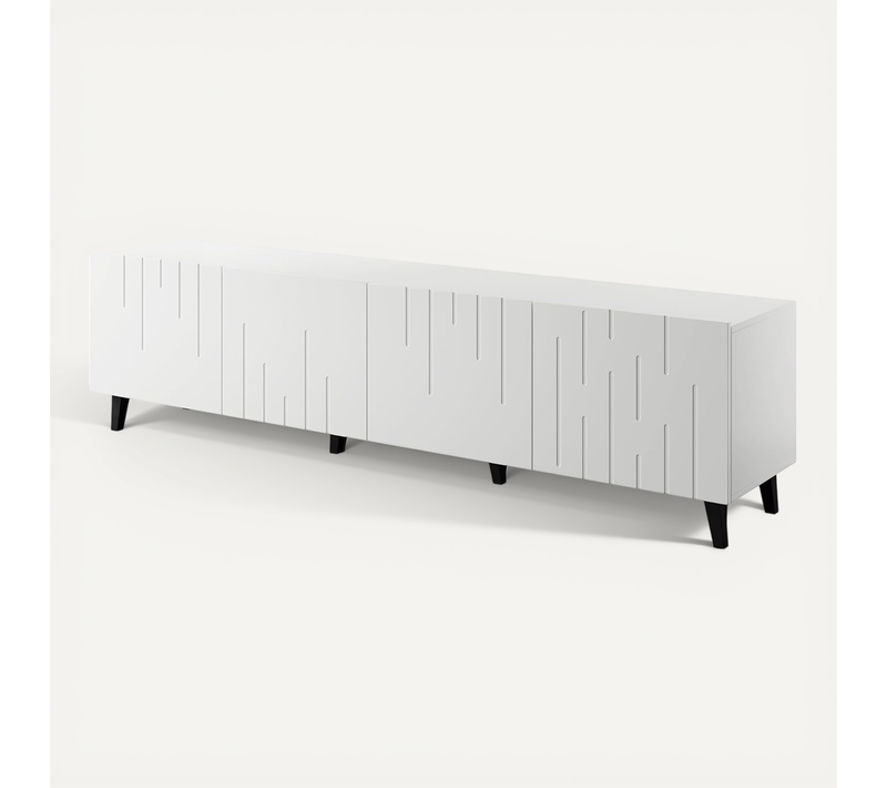 Meuble TV 200x52x42 Cm Blanc Mat Moda Meuble Hi-fi Luxueux Sur Pieds Noir Avec 4 Portes