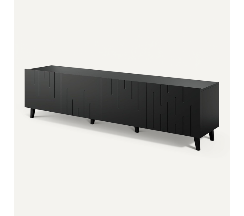 Meuble TV 200x52x42 Cm Noir Mat Moda Meuble Hi-fi Luxueux Sur Pieds Noir Avec 4 Portes