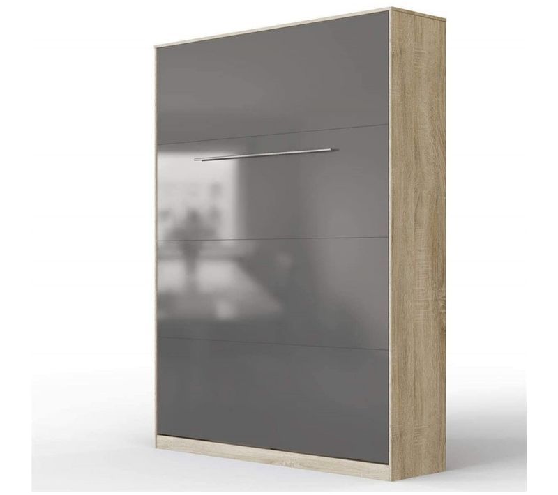 Lit Escamotable +2 Placards Vertical 140x200+(50x2)cm Miroir Supérieur Sonoma/anthracite Brillant
