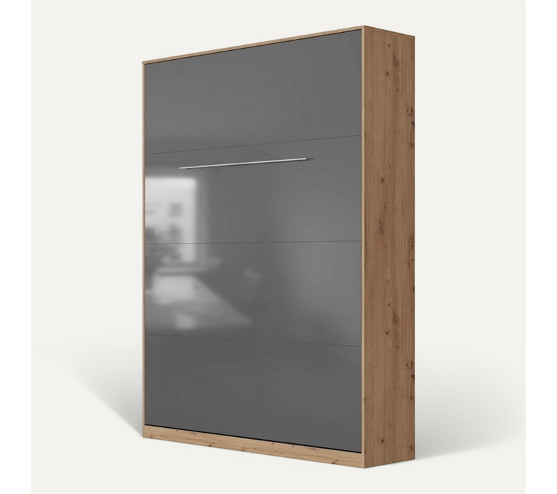 Lit Escamotable +2 Placards Vertical 90x200+(50x2)cm Miroir Lit Mural  Chêne/anthracite Brillant