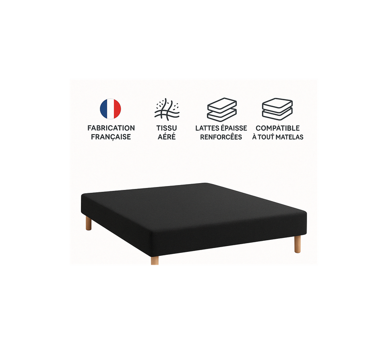 Sommier Tapissier Noir 140x200 Cm - Fabrication Française Artisanale - Pieds s - Hauteur Avec