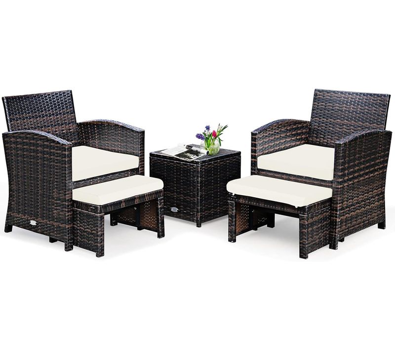 Ensemble Meuble De Salon 5pcs, Salon De Jardin En Rotin Pe Pour Véranda, Patio, Balcon, Blanc