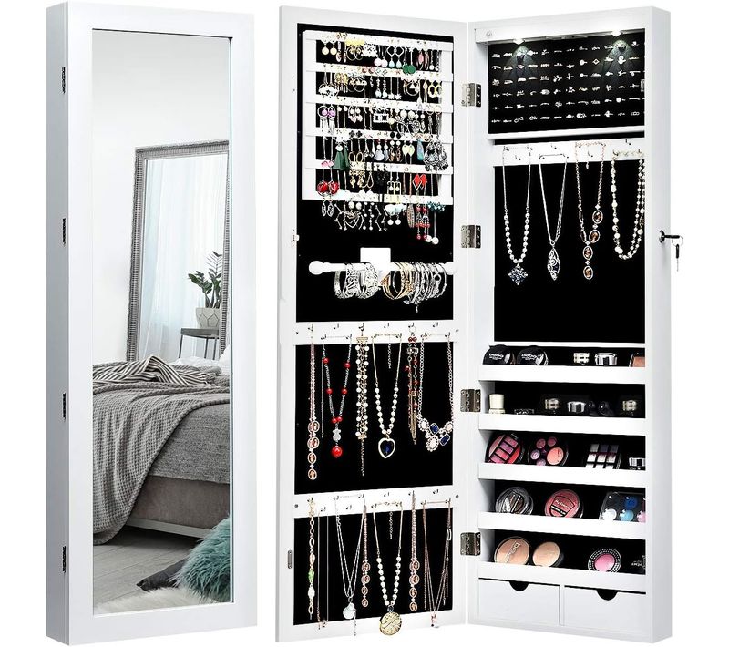 Armoire À Bijoux Avec LED Dedans, Crochets, Miroir Et Tiroirs, Pour Maquillage Quotidien Et Bijoux