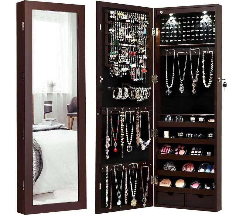 Armoire à Bijoux Mural 2 LED, Meuble De Rangement Avec Crochets Réglables, 108 X 37 X 9,5 Cm Brun