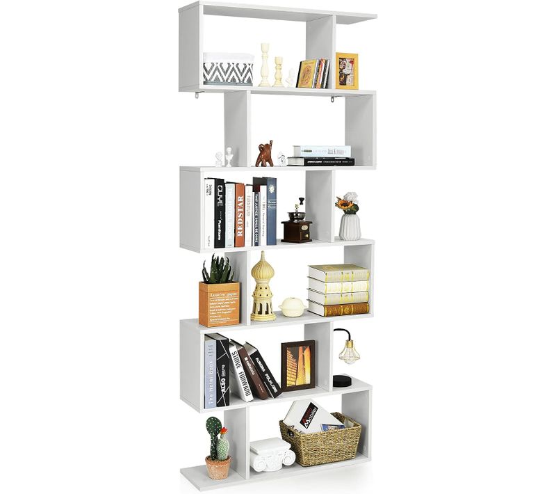 Bibliothèque/étagère De Rangement à 6 Niveaux-80x23x191 Cm De Style Industriel En Forme De S, Blanc