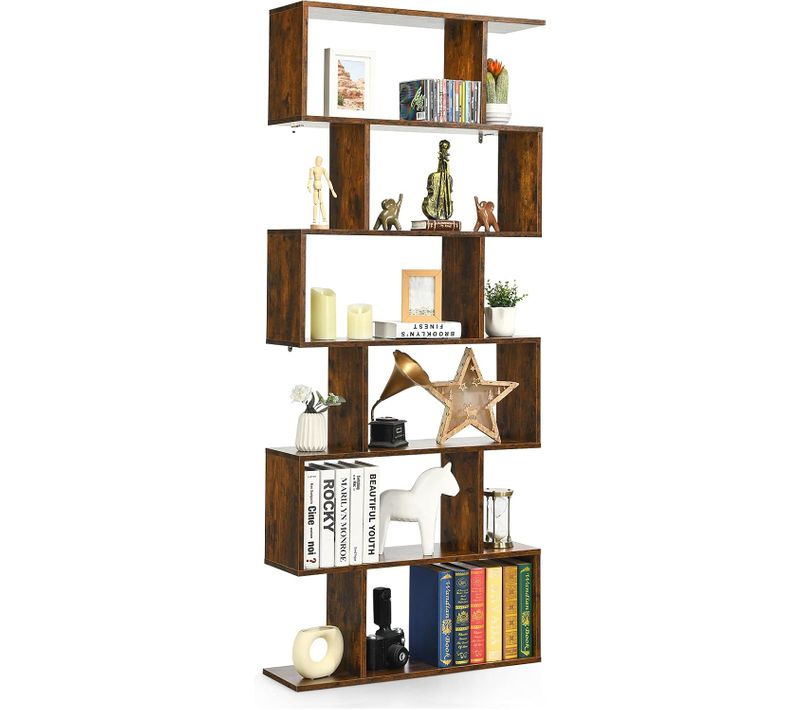 Bibliothèque/étagère De Rangement à 6 Niveaux-80x23x191 Cm De Style Industriel En Forme De S, Café