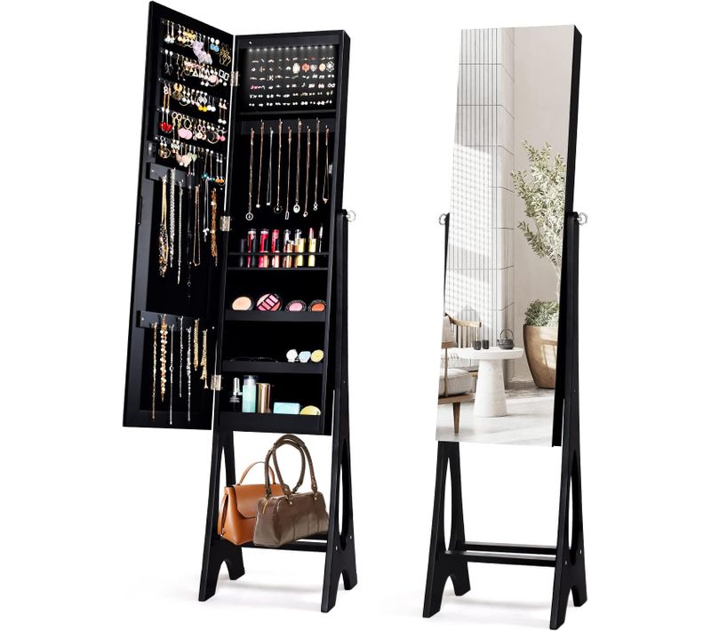 Armoire à Bijoux Avec 12 LED Sur Pied Doublure Intérieure Angle Réglable 36 × 33,4 X 154 Cm Noir