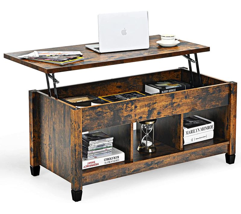 Table Basse Avec Plateau Relevable,3 Compartiments Ouverts Pour Rangement Meuble Polyvalents