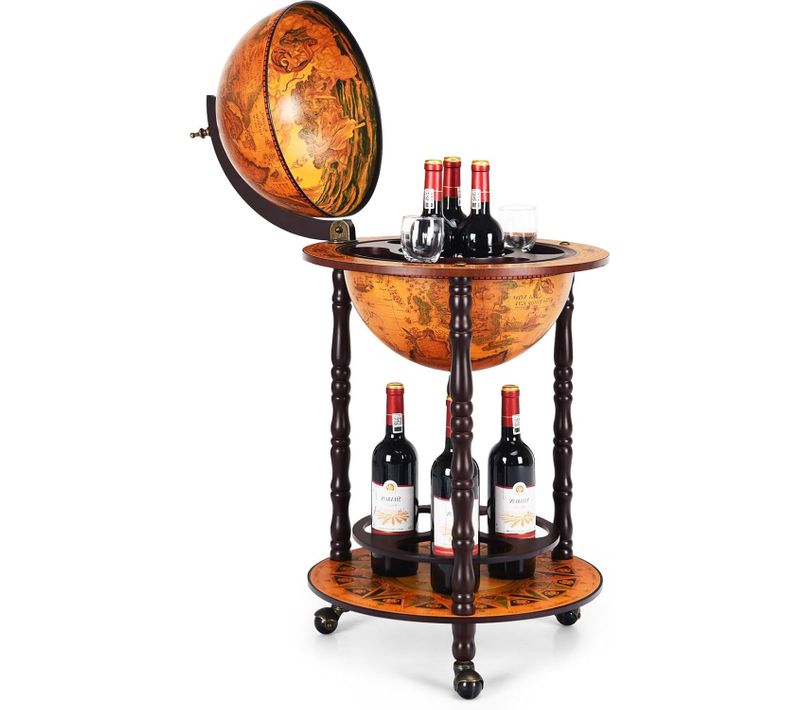 Bar Globe Terrestre Vintage Mappemonde En Bois D'eucalyptus Avec 3 Roulettes, 47 X 47 X 90cm