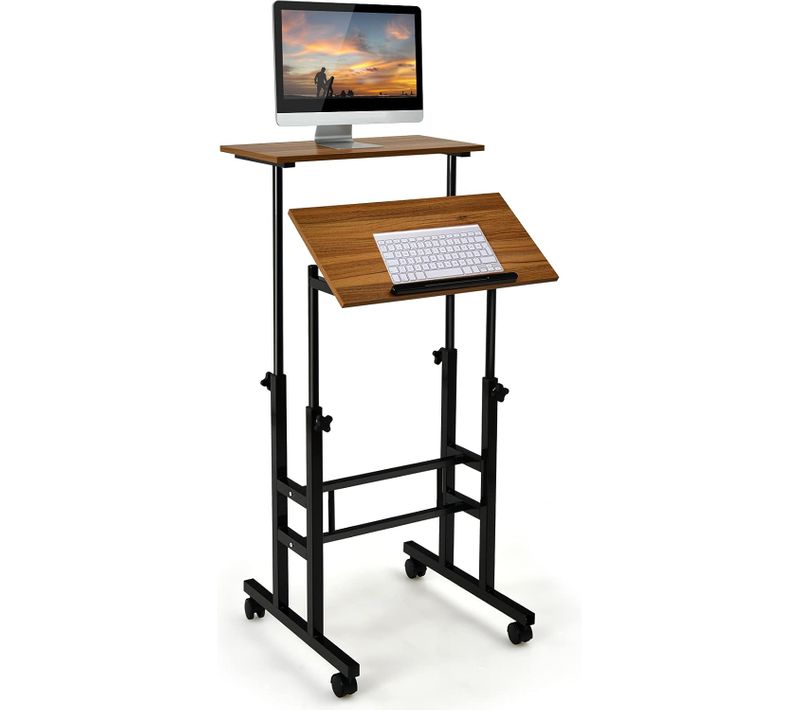 Bureau Assis-debout à Roulettes, Table Informatique à 2 Niveaux Pour Ordinateur