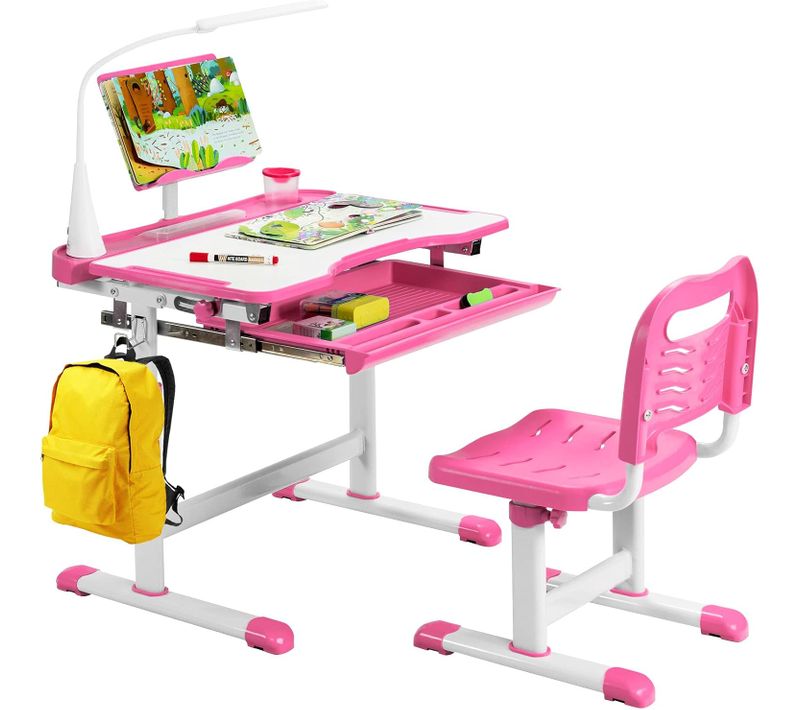 Ensemble Bureau Et Chaise Pour Enfants Avec Éclairage LED,Plateau Incliné Et Tiroir Coulissant,Rose