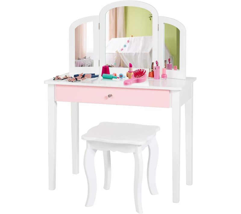 Coiffeuse Pour Enfants 2 En 1 Avec Miroir Amovible Et Pliable, 1 Grand Tiroir Style Princesse Blanc