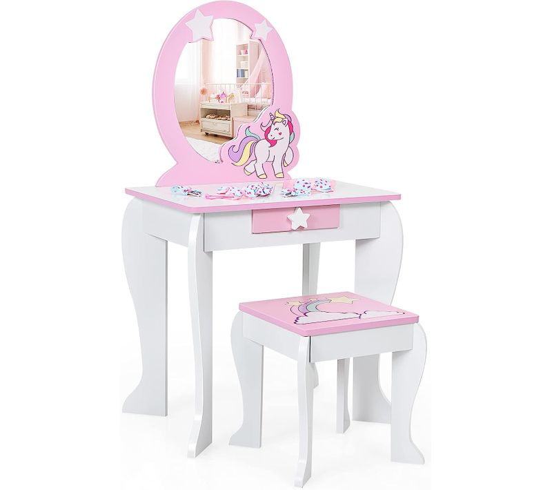 Coiffeuse Pour Enfant Avec Tabouret, Miroir Détachable Et 1 Tiroir De Rangement Blanc