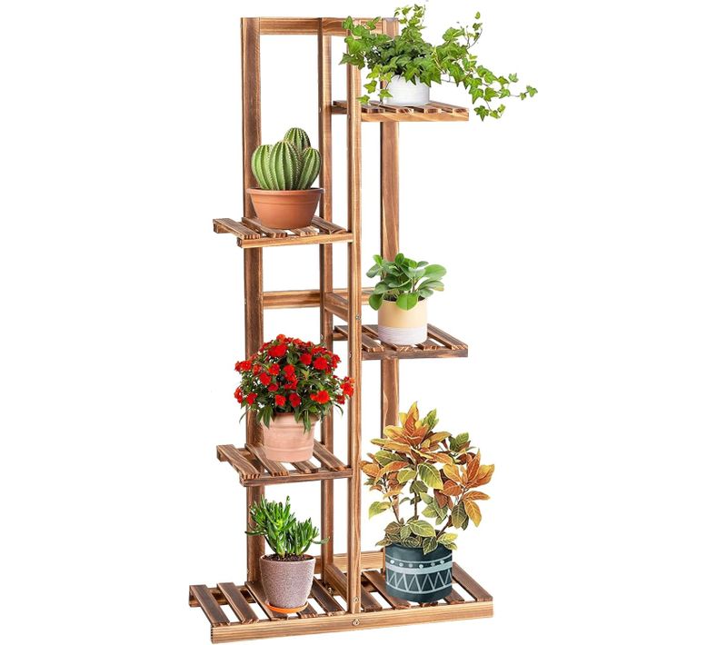 Étagère Pour Fleurs En Bois De Pin 5 Niveaux Autoportante 6 Pots Avec Dispositif Marron