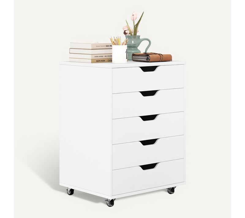 Caisson Bureau 5 Tiroirs, Caisson De Rangement à Roulette, 49 X 40 X 65 Cm, Blanc