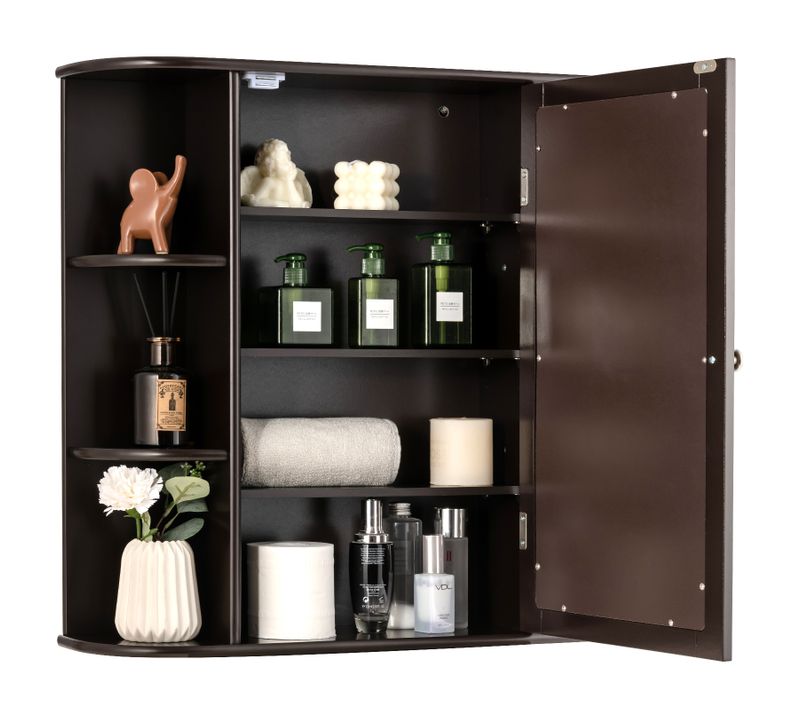 Armoire Murale De Salle De Bains Avec Miroir Avec Etagères Réglables Et Compartiments Ouverts Marron
