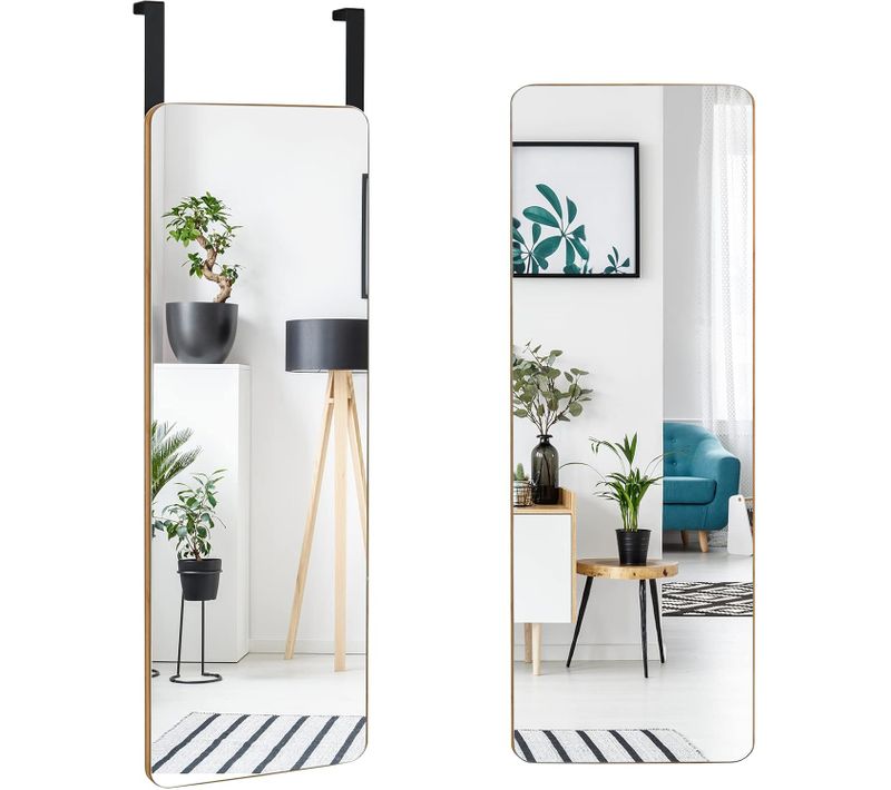 Miroir Porte Suspendu 100 X 35 Cm Avec Cadre En Bambou, 2 Façons D'accrochage Et Style Moderne
