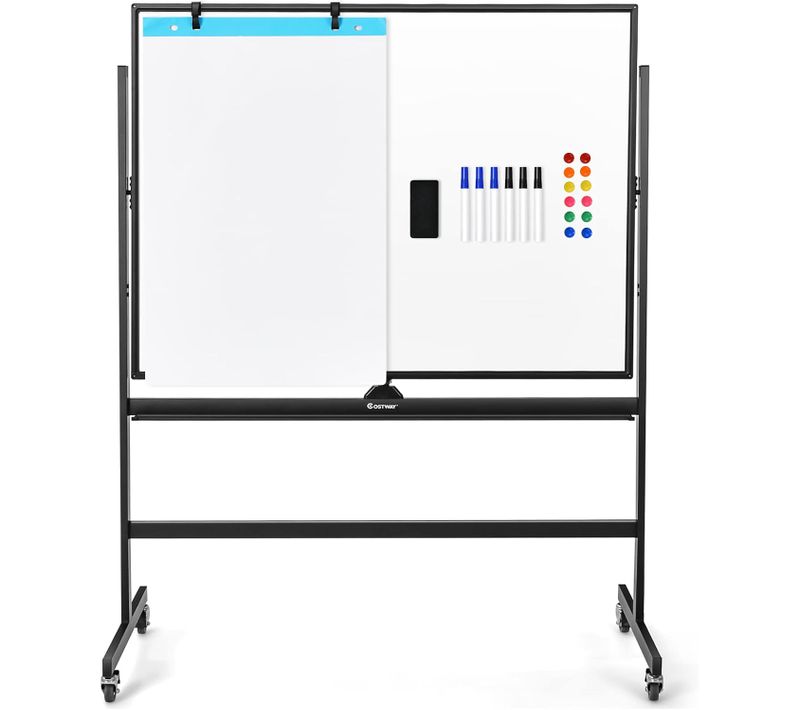 Tableau Blanc Magnétique 90x120cm Réversible à 360° Réglable En Hauteur Avec 4 Roulettes Effaçable