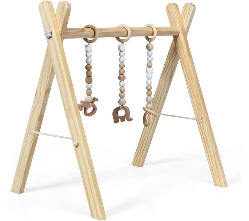 Portique D'eveil En Bois Pour Bébé Avec 3 Jouets Pendentifs Sans Bpa Forme Triangulaire 60x44x60cm