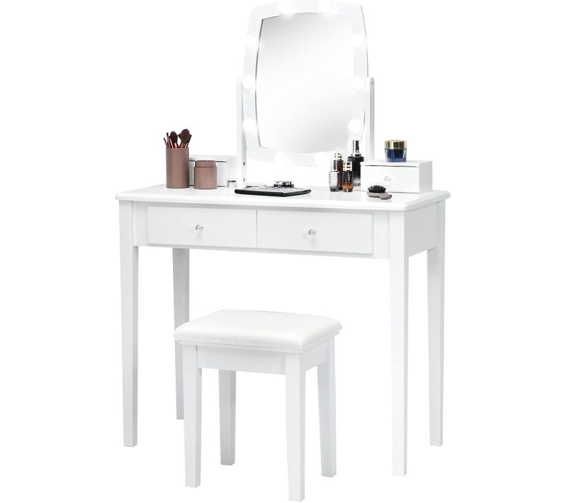 Coiffeuse 10 LED à Intensité Variable, Miroir Pivotant à 360 Degrés Avec 4 Tiroirs Blanc