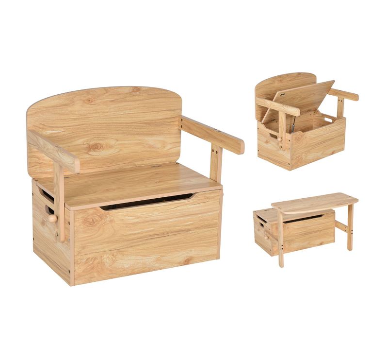 3 En 1 Table Enfant En Bois Avec Chaise, Banc Coffre à Jouets, Charge10/30kg, 60x57x44cm Naturel
