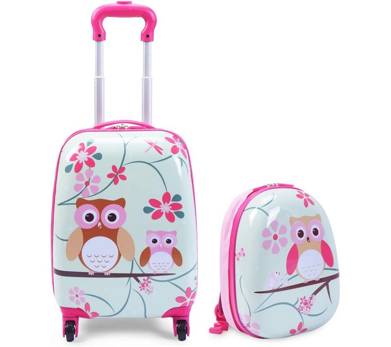 Valise Trolley Pour Enfants à Roulettes 16'' + Sac à Dos 12'' Ensemble De Bagage En Rose Avec Motif