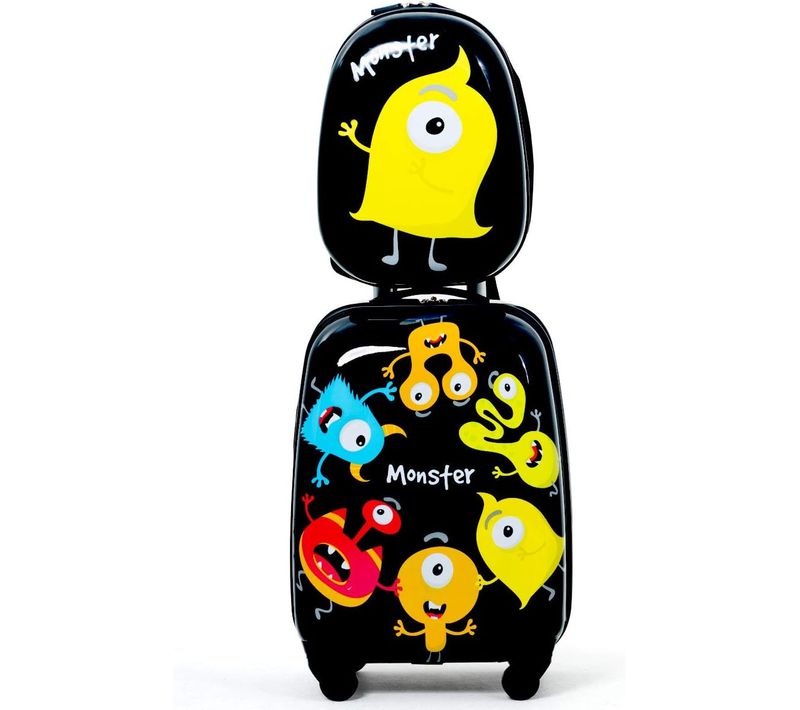 Valise Enfant à Roulettes 16" + Sac à Dos 12" Ensemble De Bagage Noir Pour Enfant S Avec Motif Peti