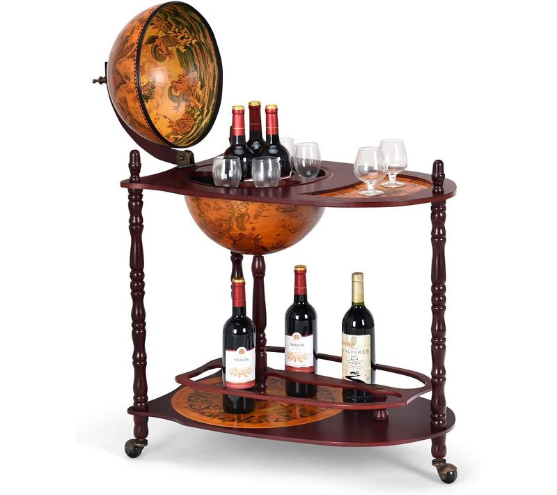 Bar Globe Terrestre Vintage Mappemonde En Bois D'eucalyptus, 70 X 45 X 88 Cm