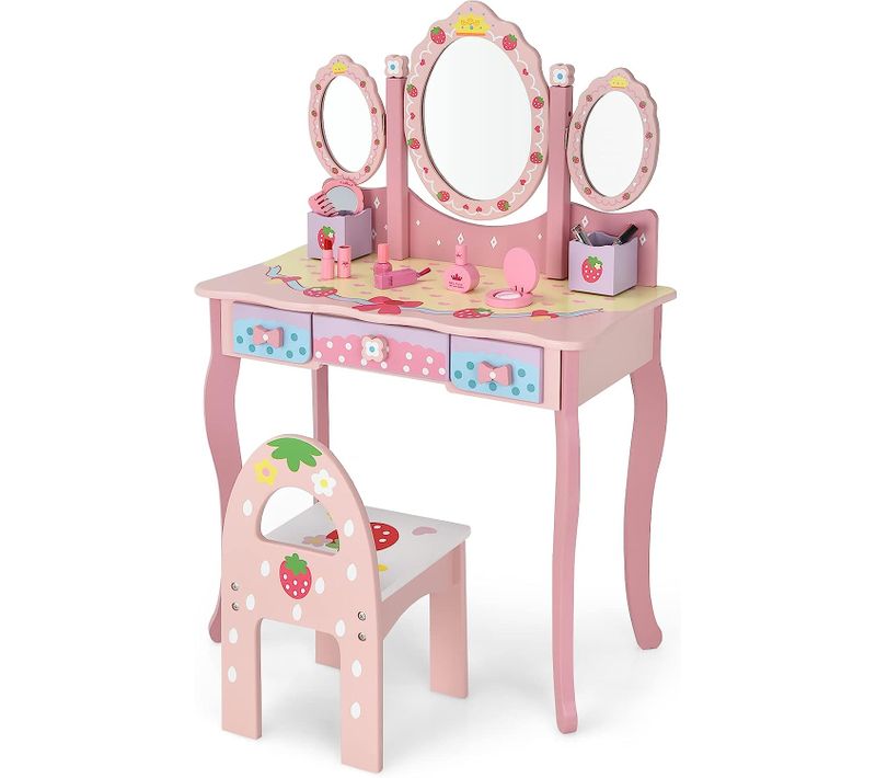 Coiffeuse Pour Enfants 2 En 1 Avec Miroir Amovible Pliable Chaise 3 Tiroirs 2 Boîtes Rose