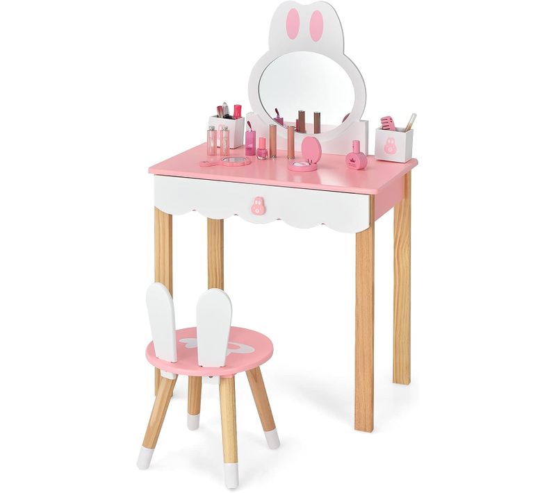 Coiffeuse Pour Enfants 2 En 1 Avec Miroir Amovible Et Tabouret Tiroirs Boîte De Rangement Rose