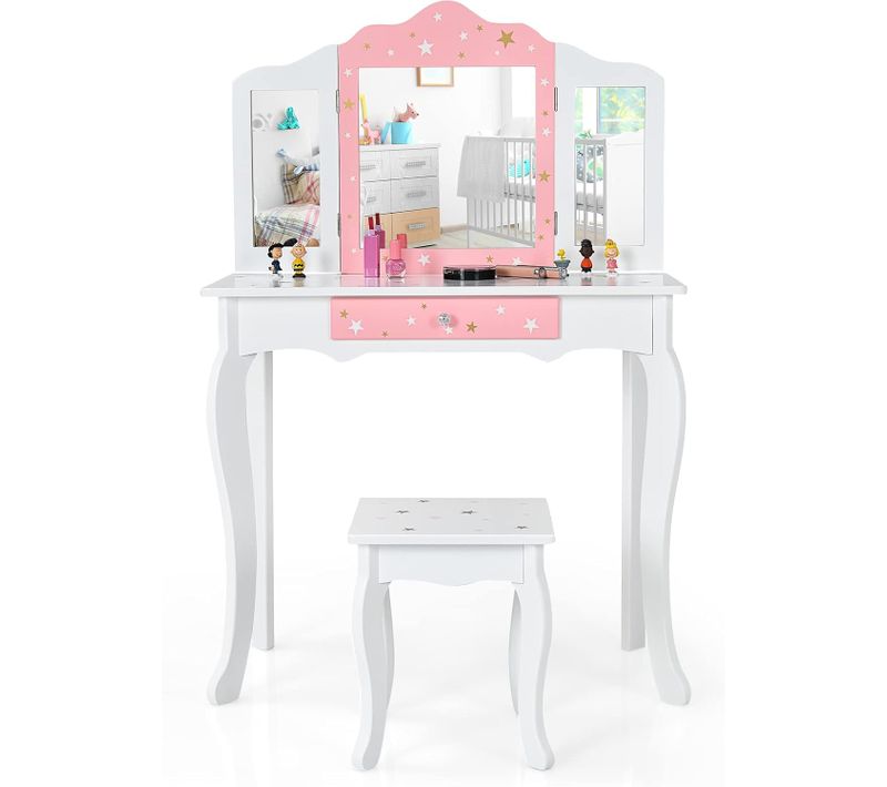 Ensemble Coiffeuse Et Tabouret Pour Enfants, Miroir à 3 Volets Amovible Avec Tiroir Blanc
