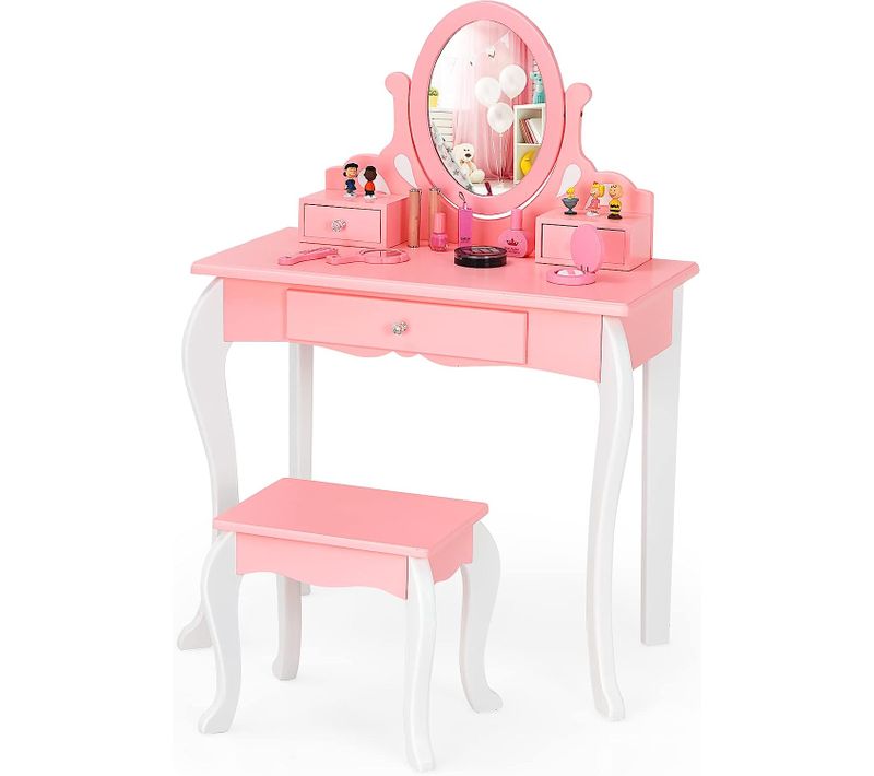 Coiffeuse Avec Tabouret Pour Enfant Avec Miroir Pivotant à 360° Amovible Et 3 Tiroirs Rose Et Blanc