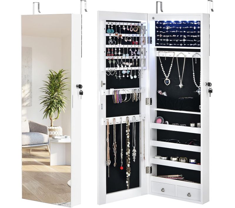 Armoire À Bijoux À Fixation Murale/porte 6 LED Et 2 Tiroirs Avec Miroir Grand Format Blanche