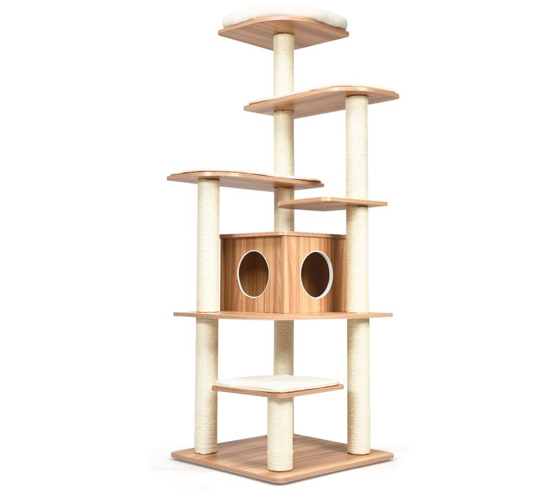 Arbre à Chat En Bois 175cm Design Vesper Multi-niveaux Colonne Enroulée Corde Sisal Coussins