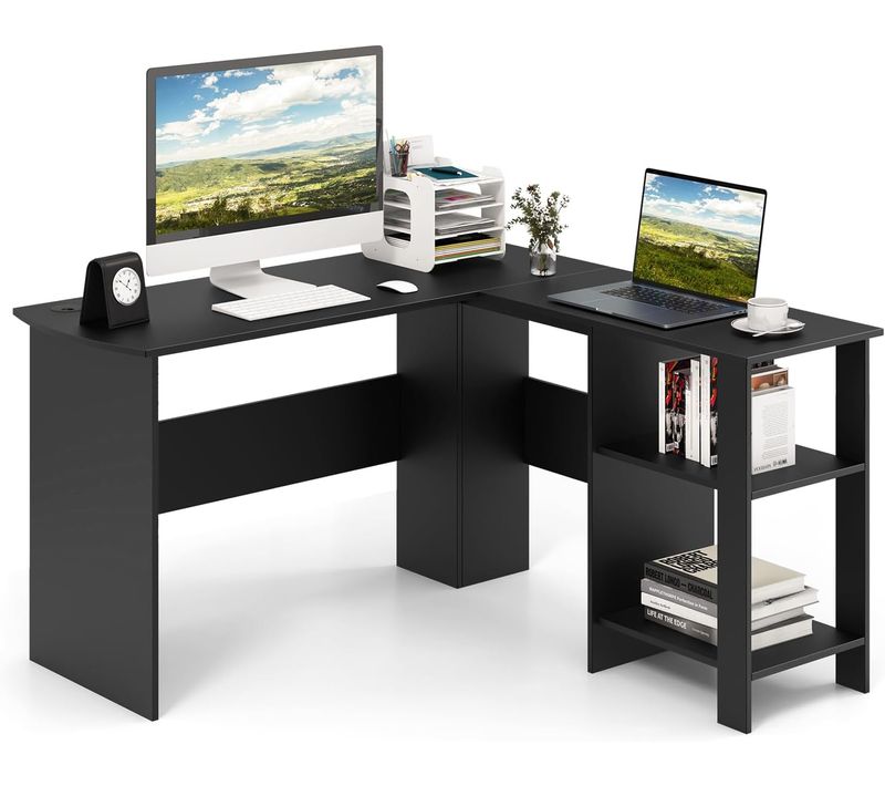 Bureau En Forme De L, Bureau D'angle Avec Étagères De Rangement à 2 Niveaux, 2 Passe-câbles