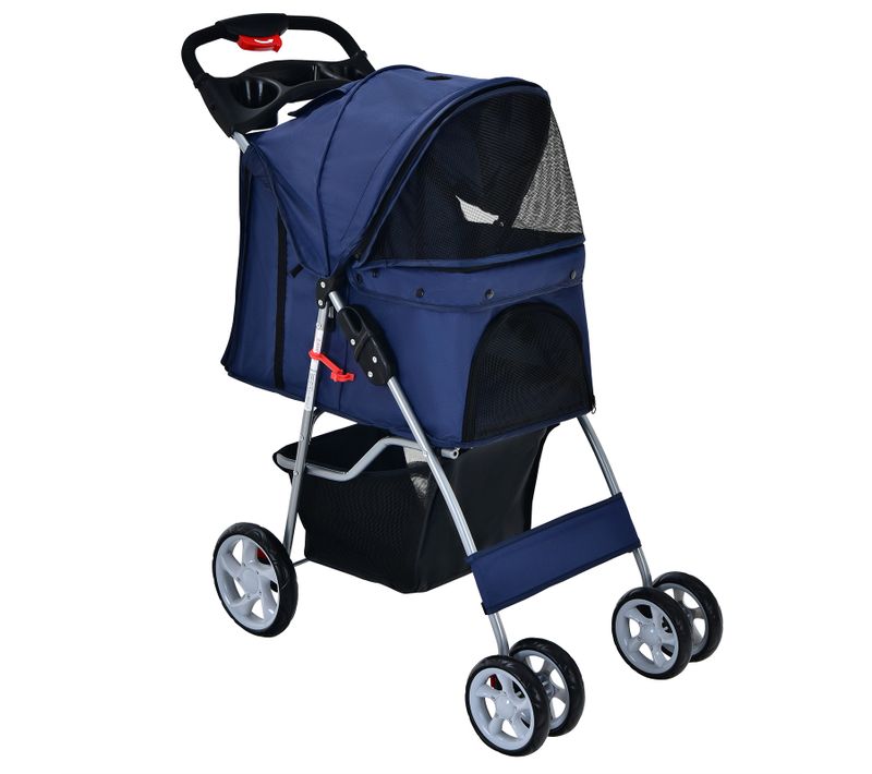 Poussette Pour Animaux Pliante 4 Roues Avec Fenêtres , Porte-gobelet Et Panier De Rangement Bleu