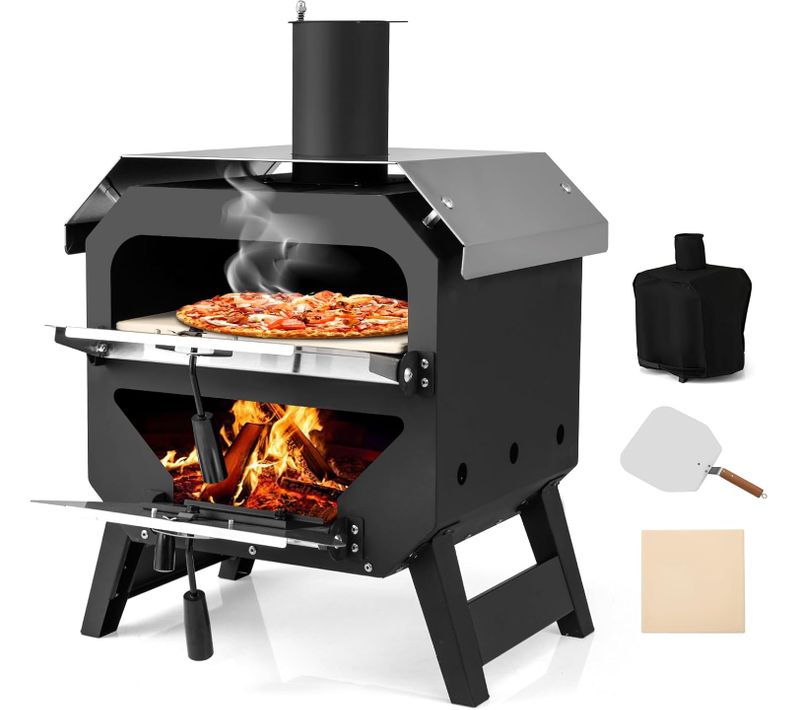 Four à Pizza Multi-combustibles Portable Avec Pierre à Pizza, Toit En Acier Inoxydable
