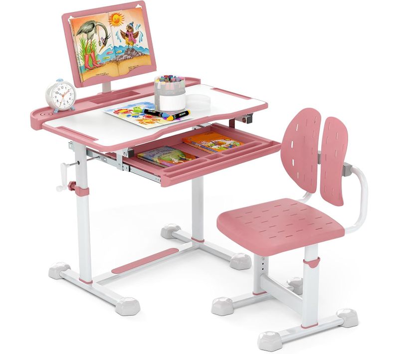 Bureau Enfant Fille Garçon Avec Chaise Ergonomique Et Plateau Incliné, Hauteur Réglable (rose)