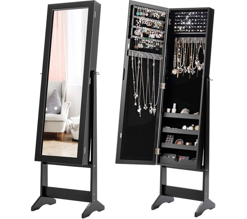 Armoire à Bijoux Sur Pied Avec Miroir Psyché, 3 Positions Réglables, Noir