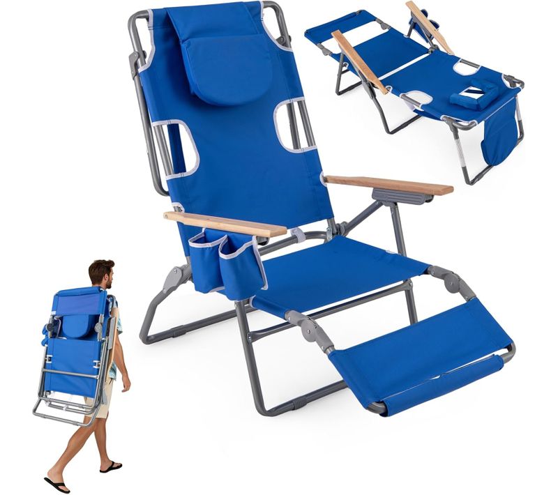 3 En 1 Chaise Longue Pliante, Chaise De Plage Réglable En 4 Positions, Trou De Visage (bleu)