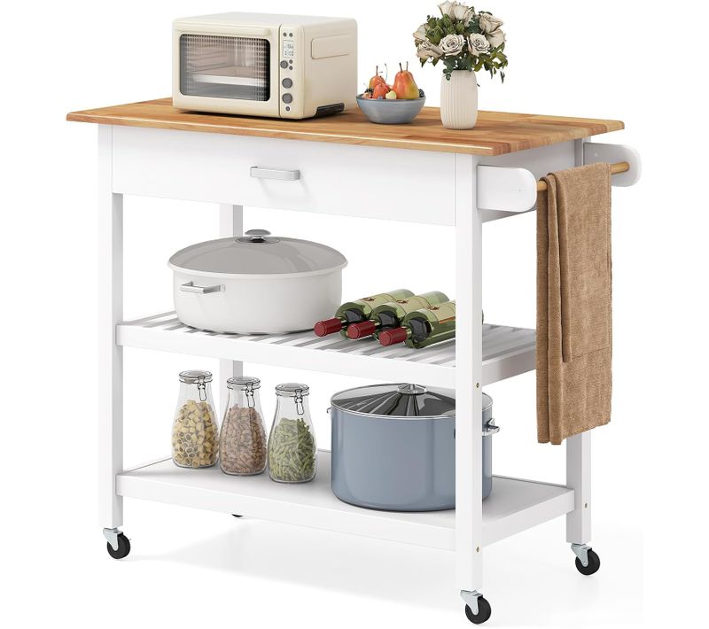 Desserte de De Cuisine à Roulettes, Chariot à 3 Niveaux En Bois Avec Plan De Travail, Blanc