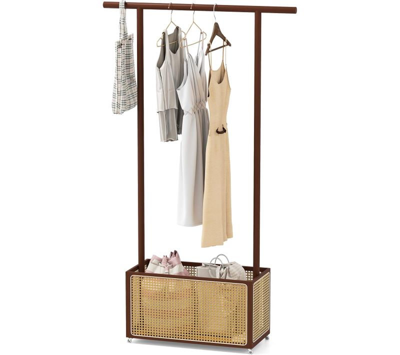 Porte-vêtements En Bambou Avec Panier Linge En Rotin Pe, Triangle, Boîte De Rangement