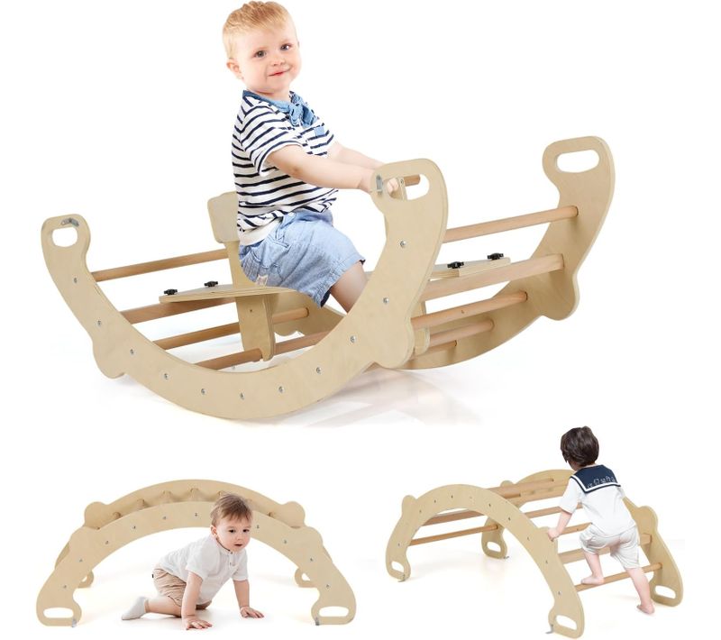 4 En 1 Chaise à Bascule En Bois Enfant Avec Siège Amovible,poignée,35° Balancement (naturel)